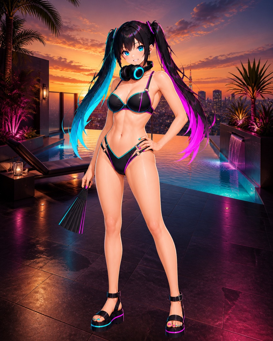 夕焼けのルーフトッププールに立つ水着姿のDJ RUGA