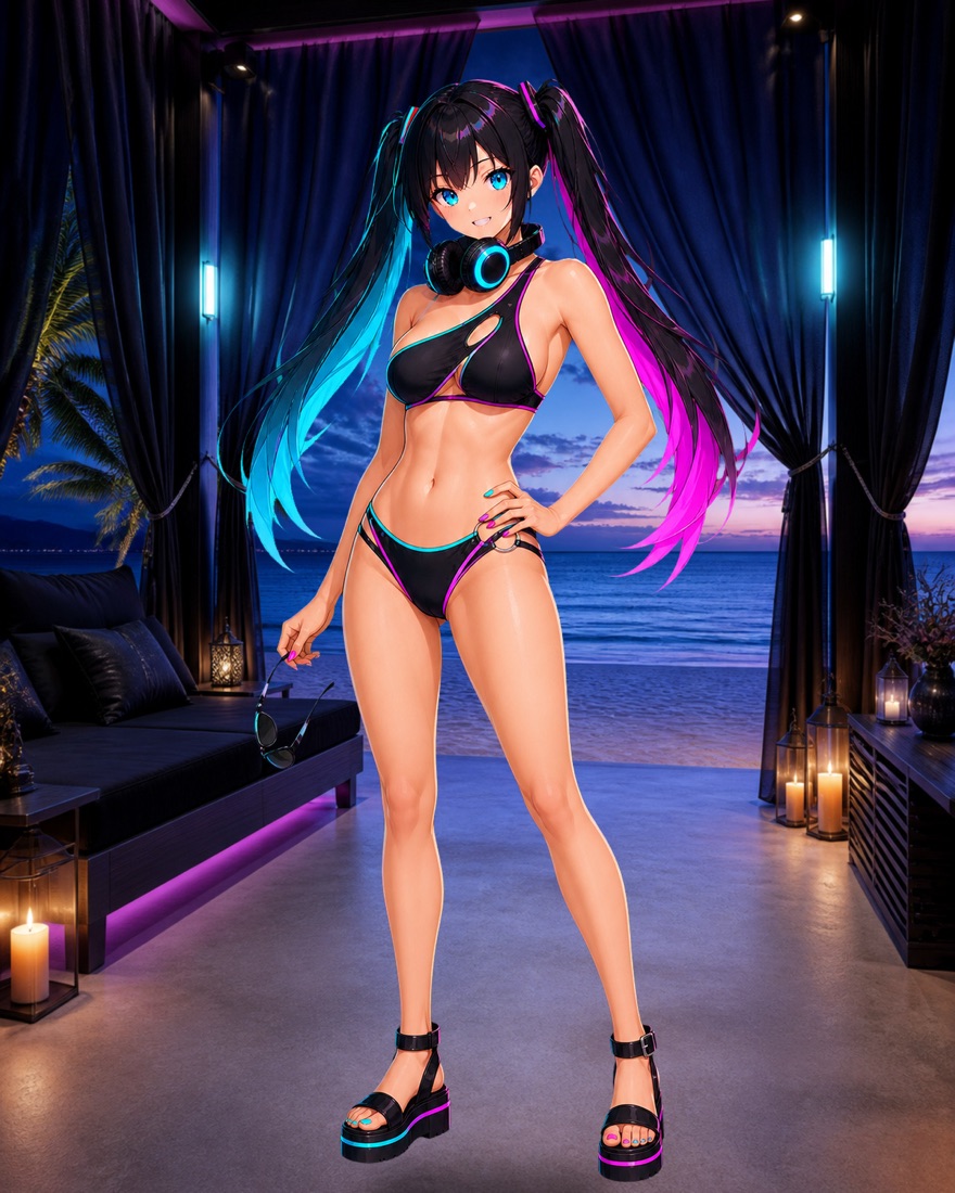 海辺のブルーアワーに立つアシンメトリー水着姿のDJ RUGA