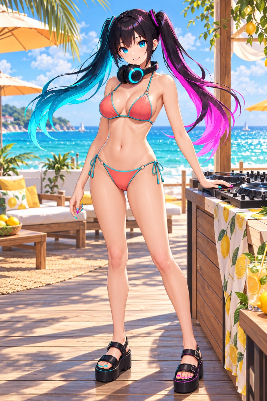 明るい海辺のDJデッキで、コーラル色の水着をまとい機材に手を添えるRUGA