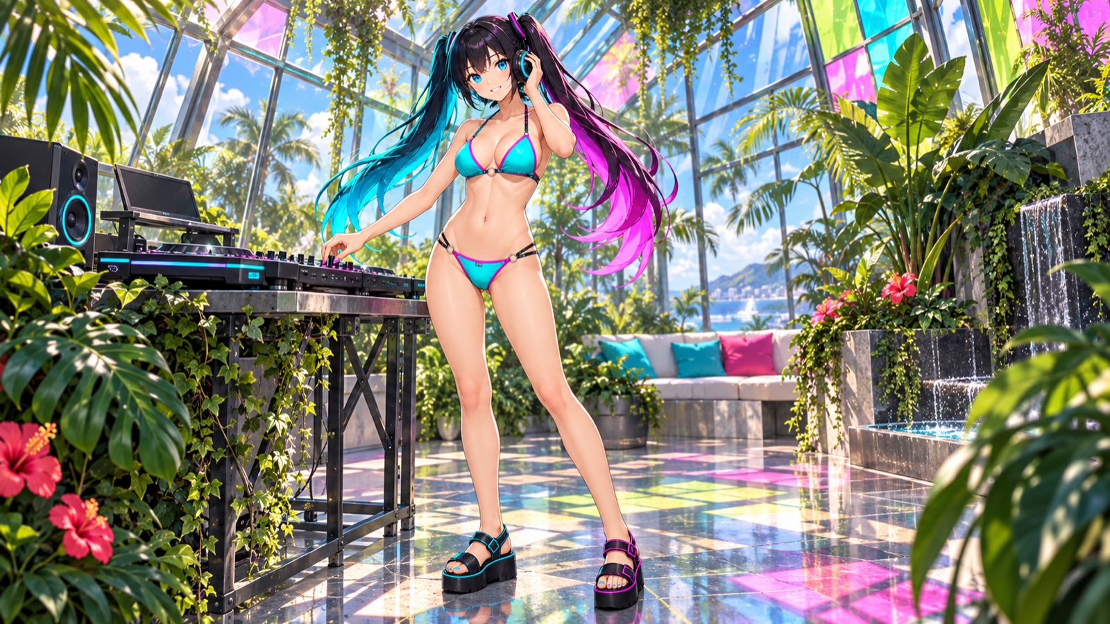 色ガラスと緑に囲まれた明るい温室で、ターコイズ色の水着姿でDJ機材を操作するRUGA