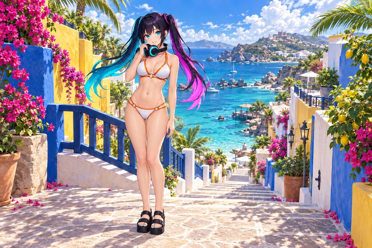 青と黄色の壁に囲まれた海辺の階段で、白とオレンジの水着をまといヘッドホンに手を添えるRUGA