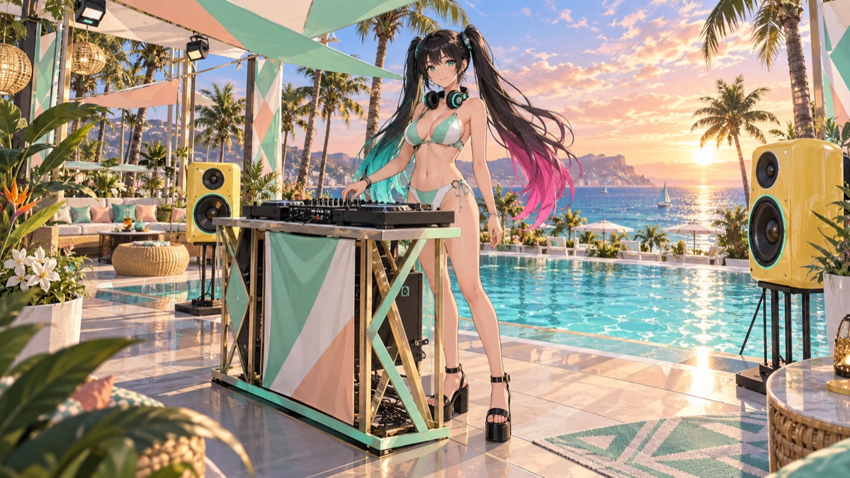 夕日が照らすプールサイドのステージで、ミントと白の水着をまといDJ機材を操作するRUGA