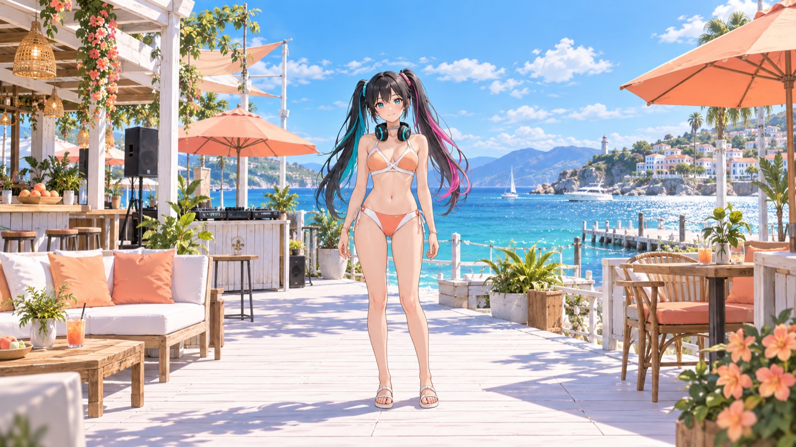 桃色のパラソルと青い海が広がるカフェの白いデッキで、ピーチと白の水着姿で立つRUGA