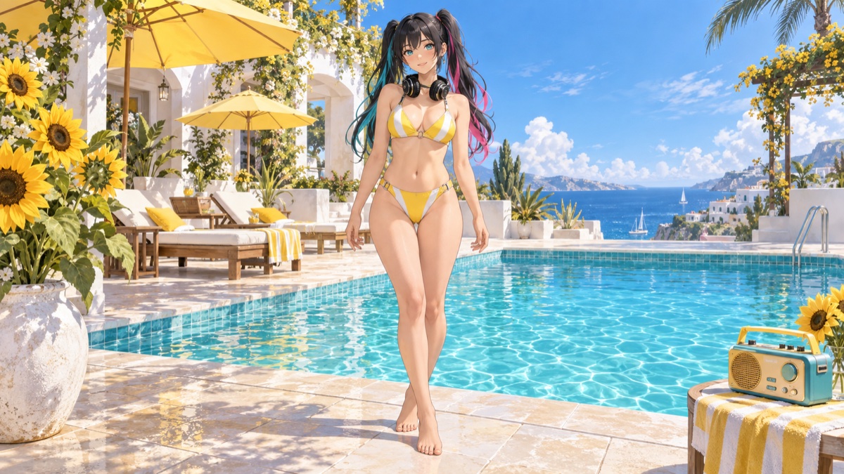 ひまわりと黄色いパラソルに囲まれたプールサイドで、黄色と白の水着をまとい立つRUGA