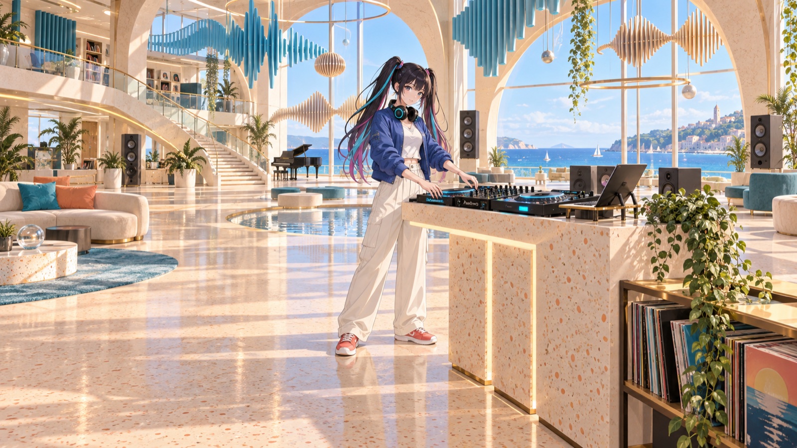 海を望む明るい音楽ホールで、青いジャケットと白いパンツ姿でDJ機材を操作するRUGA