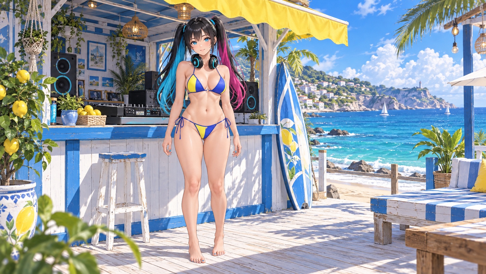 黄色いひさしの海辺の音楽小屋で、レモンイエローと青の水着をまとい白いデッキに立つRUGA