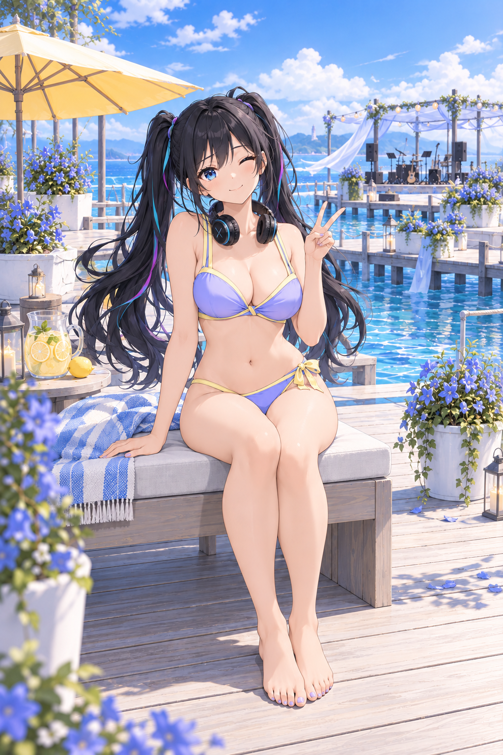 青いプールと花のある木製の桟橋で、黒いツインテールと青いアニメ目の成人RUGAが、ラベンダーとレモン色の不透明な水着姿で脚を揃えて座る。片目のウインクとピース、首元のヘッドホン。頭から両足まで余白を保つ全身イラスト。