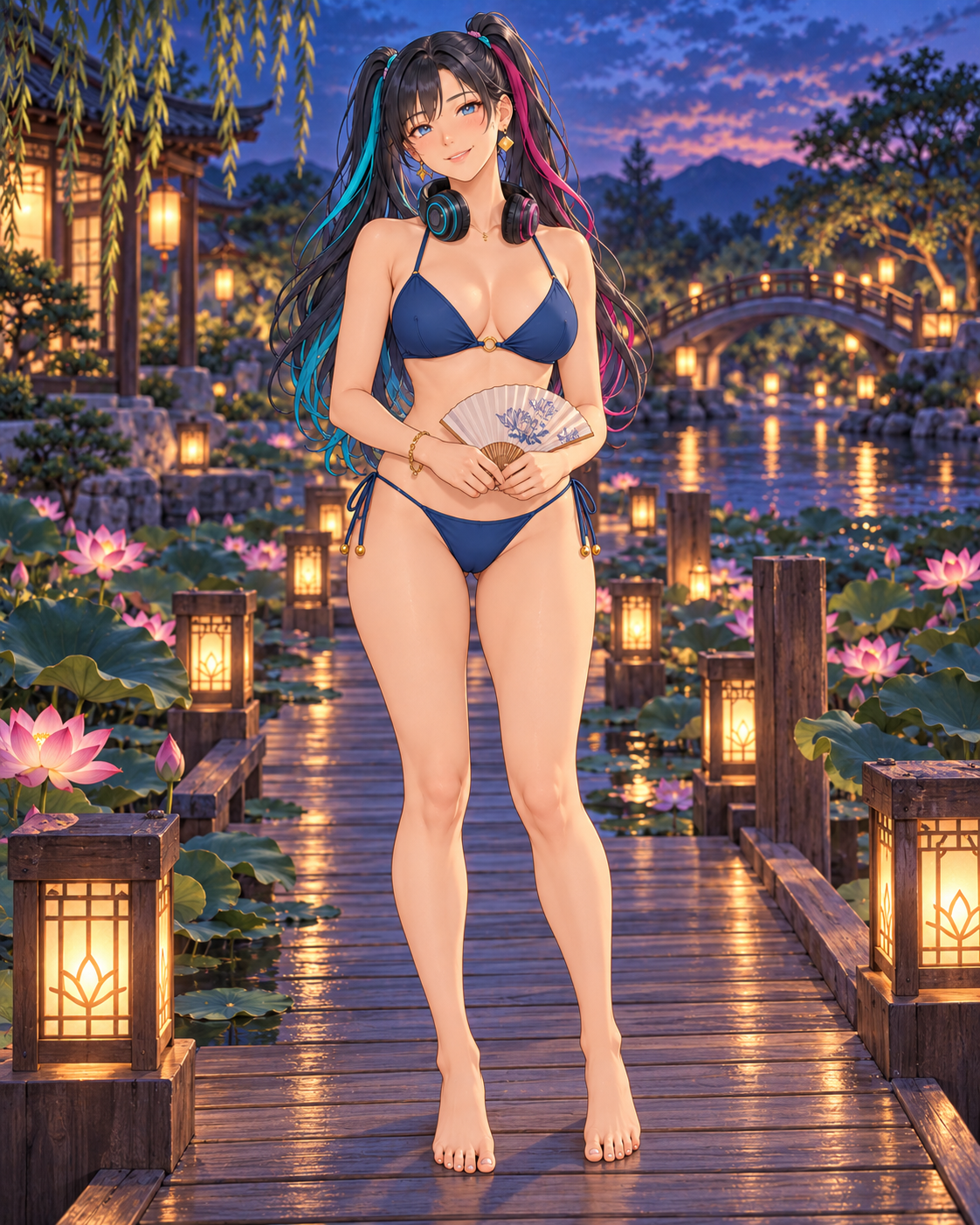 夕暮れの蓮池の木道で、インディゴ色の不透明な水着を着た成人RUGAが扇子を両手に持つ全身イラスト。中央に顔から両足まで収まり、首元のヘッドホン、蓮の花、灯籠と橋が見える。