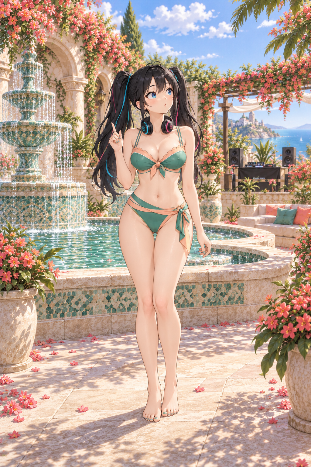 翡翠色のモザイク噴水と花の中庭で、黒いツインテールと青いアニメ目の成人RUGAが、翡翠と桃色の不透明な水着で自然に立つ。右上を見て小さく口をすぼめ、人差し指で音の拍子を取る。首元にヘッドホン。頭から両足まで余白を保つ全身イラスト。