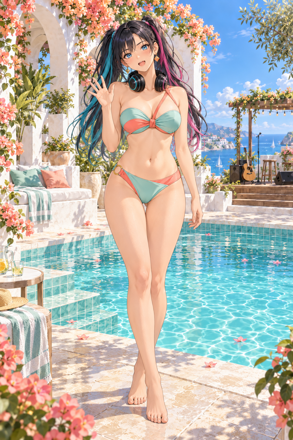 桃色の花が咲く白いアーチとミント色のプールで、黒いツインテールと青いアニメ目の成人RUGAが、ミントとコーラルの不透明な水着姿で片手を振る全身イラスト。小さく開いた口と首元のヘッドホン、頭から両足まで余白を保って表示。