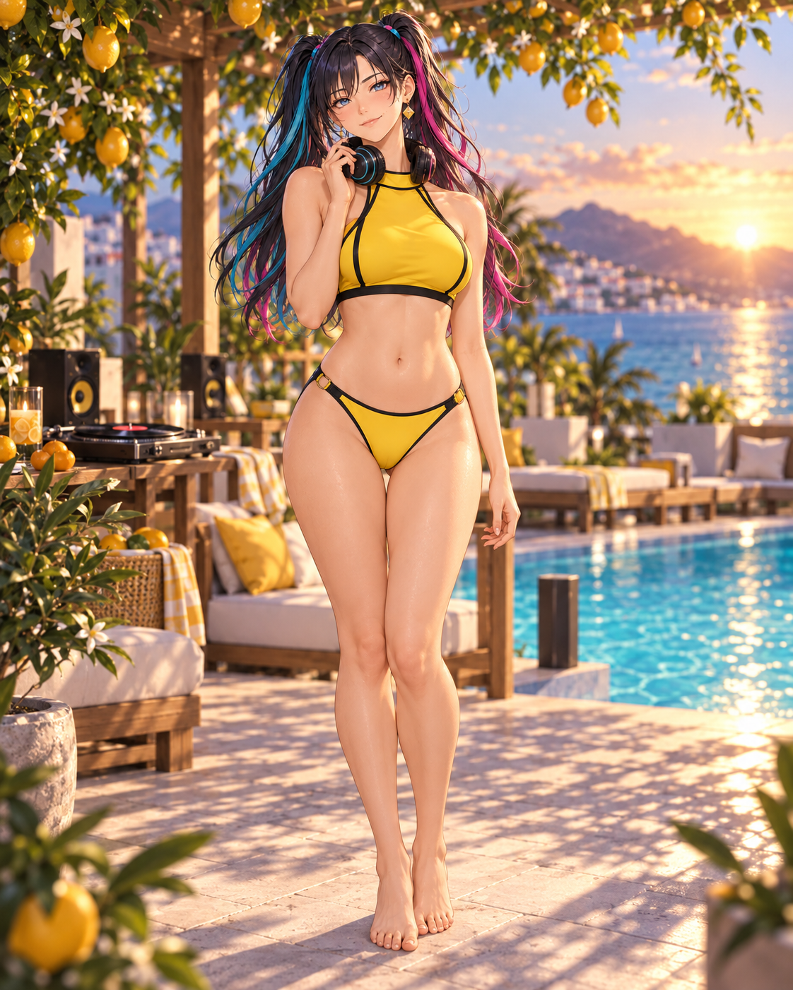 朝日の柑橘テラスで、黄色の不透明なハイネック水着を着た成人RUGAが立つ全身イラスト。右手をヘッドホンに添え、レモン棚とレコードプレーヤー、青いプールを背景に微笑む。