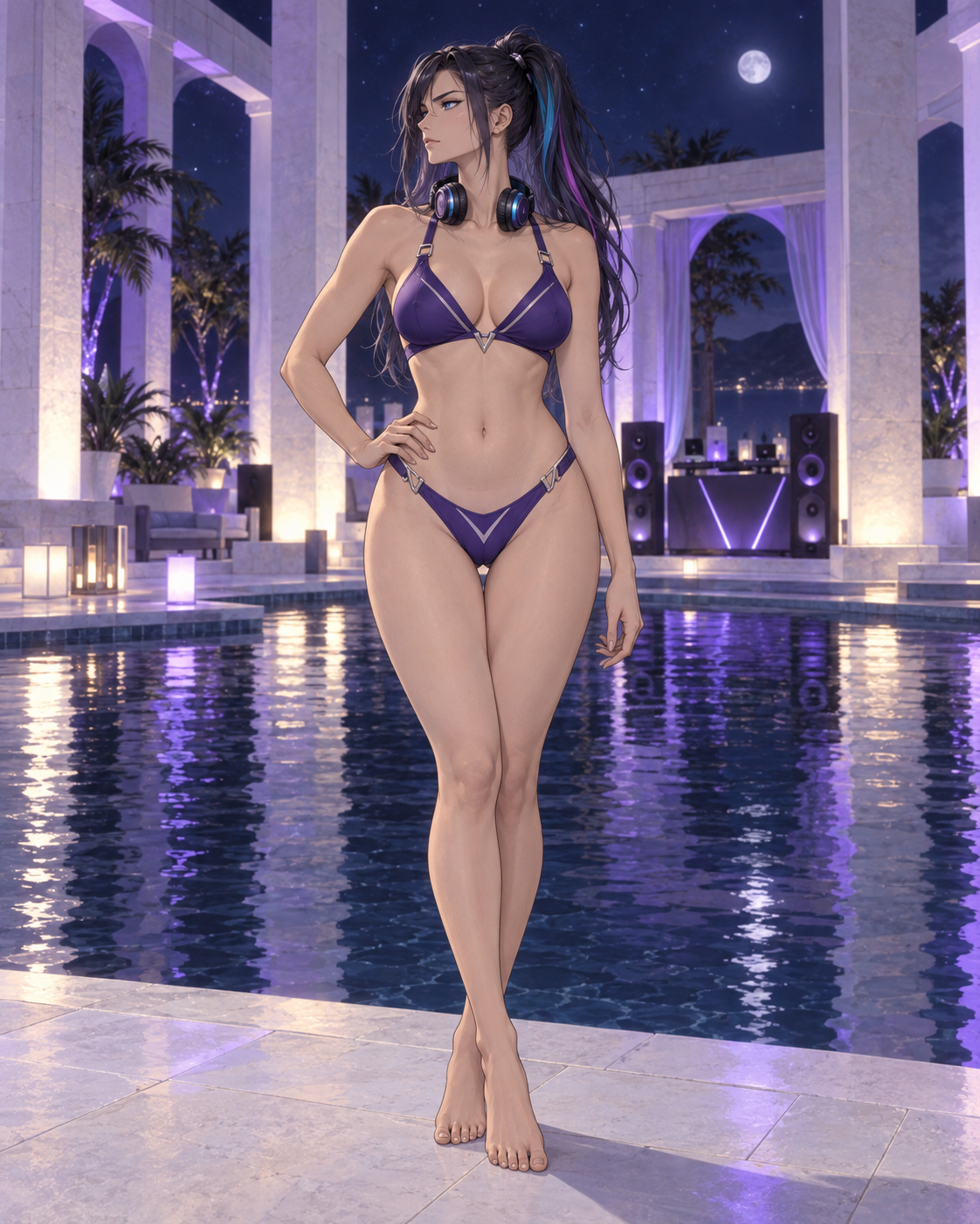 夜の白い石柱と紫の光のプールで、不透明なバイオレットのVラインビキニを着た成人RUGAが立つ。顔を左へ向けて口を結び、片手を腰に置き、もう片方の手を自然に下ろす。